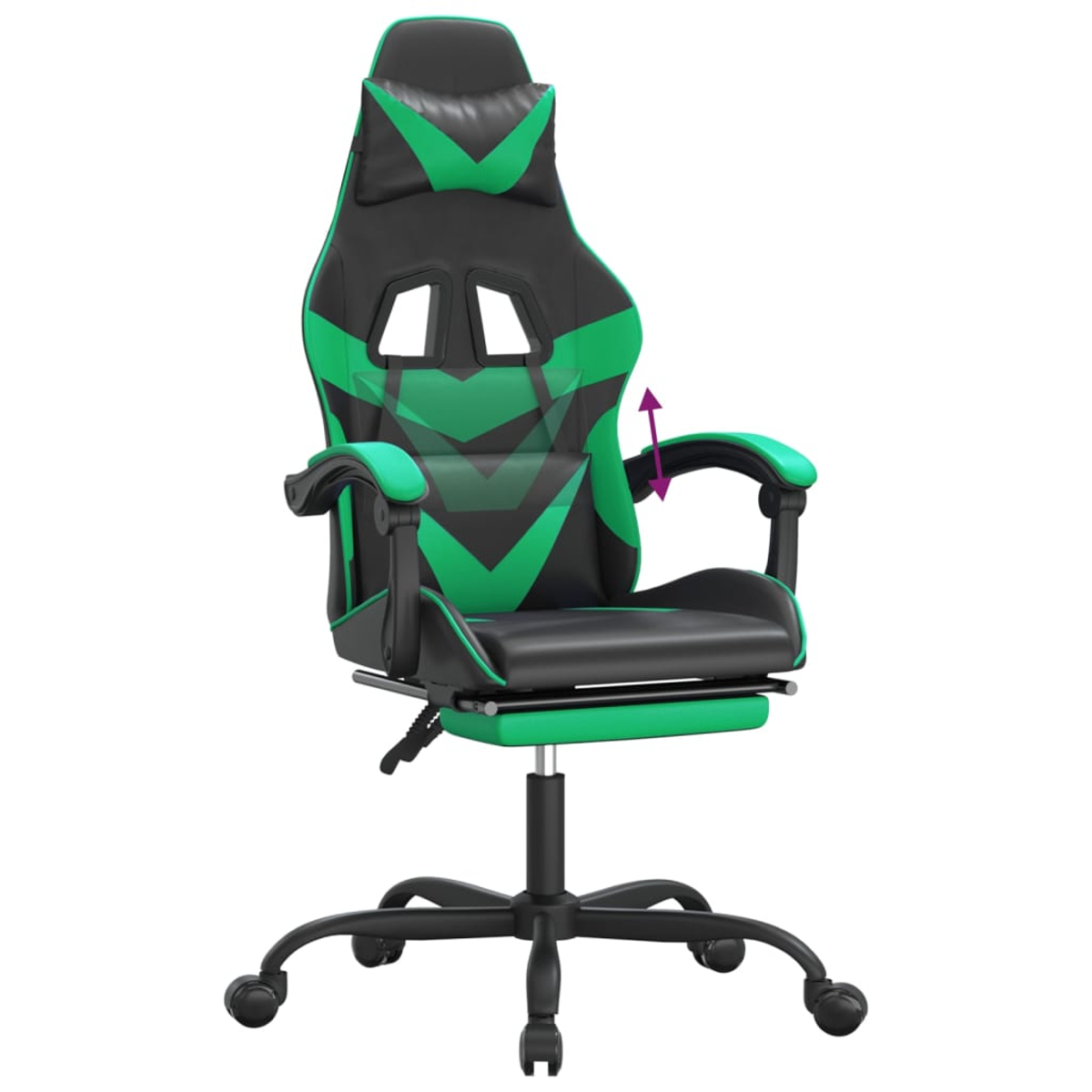 Ein Gaming-Stuhl, schwarz und grün. Er hat eine hohe Rückenlehne, Kopfstütze, Armlehnen und eine Fußstütze. Der Stuhl steht auf einem schwarzen Sockel mit Rädern.