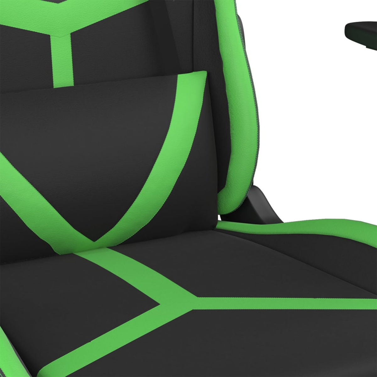 Nahaufnahme eines schwarzen Gaming-Stuhls mit grünen Akzenten. Der Stuhl hat eine Kopfstütze und eine Armlehne. Grüne Linien verzieren die schwarze Oberfläche.