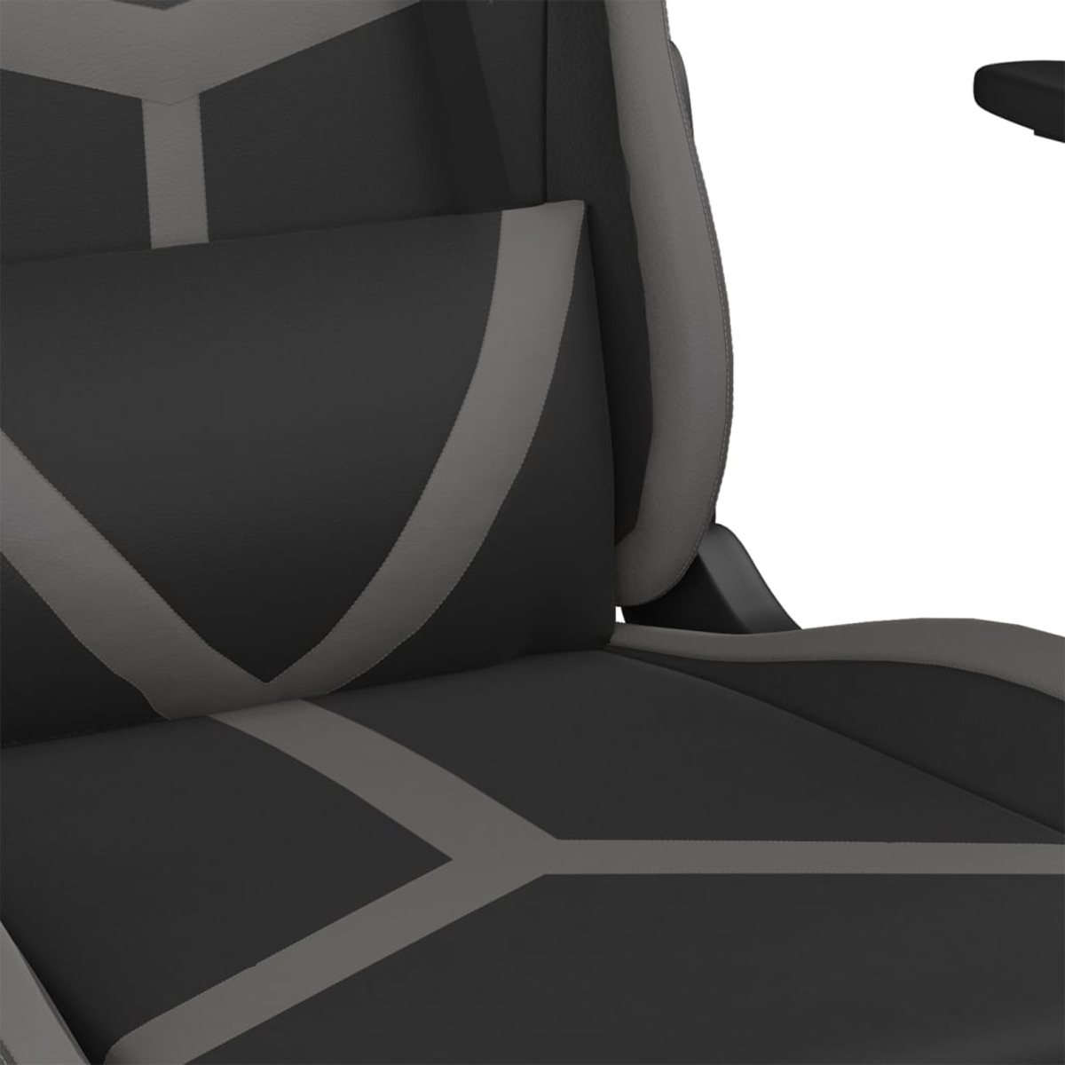 Nahaufnahme eines Gaming-Stuhls. Er hat einen schwarzen Sitz und Rücken mit grauen Akzenten. Die Armlehne ist schwarz.