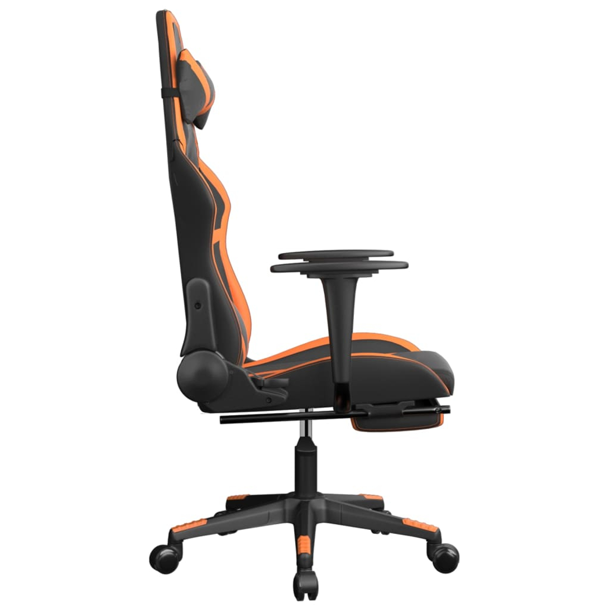 Seitenansicht eines schwarz-orangenen Gaming-Stuhls mit Kopfstütze, Armlehnen und Fünf-Sterne-Fuß mit Rollen.