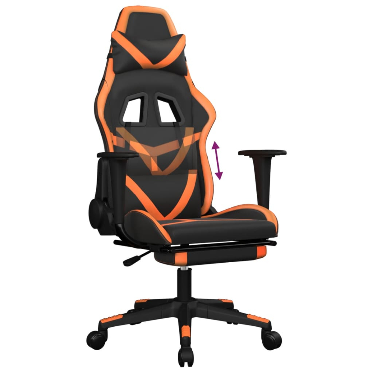 Gaming-Stuhl mit schwarz-orangefarbenem Design. Pfeil für die Höhenverstellung. Schwarzes Gestell mit Rollen.