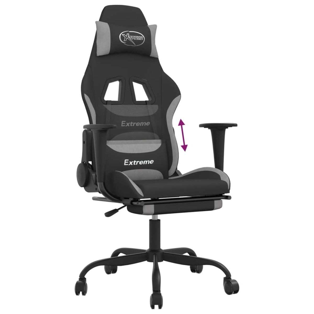 Ein schwarzer und grauer Gaming-Stuhl. Er hat das Wort 'Extreme' darauf. Er hat eine Kopfstütze und Armlehnen. Der Stuhl steht auf Rollen.