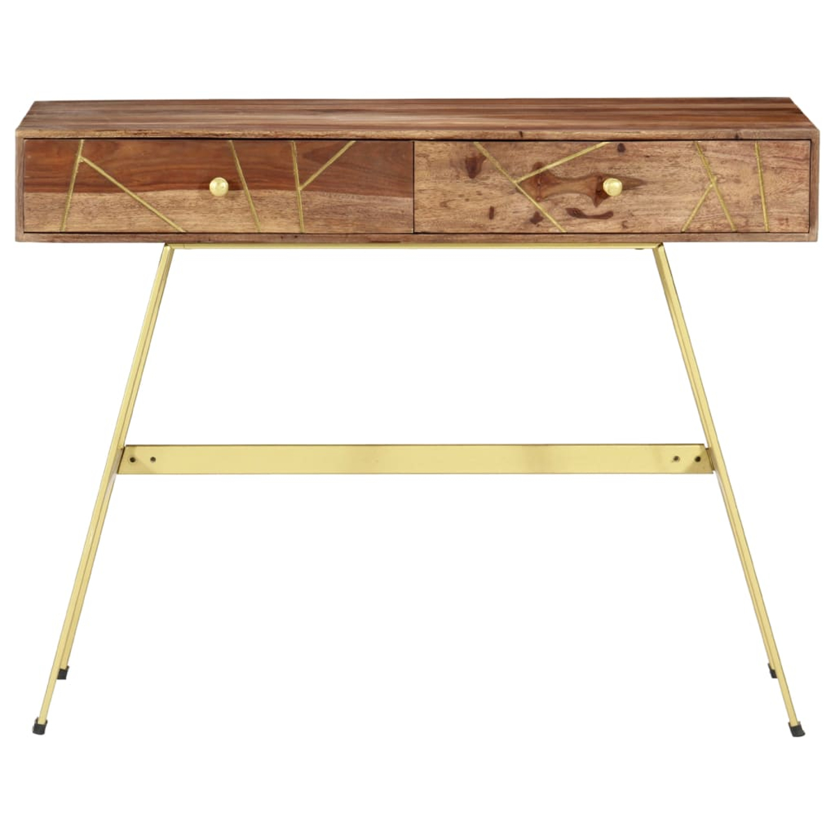 Ein Holzkonsolentisch mit zwei Schubladen. Die Schubladen haben goldene Akzente und Knöpfe. Der Tisch hat goldene Beine.