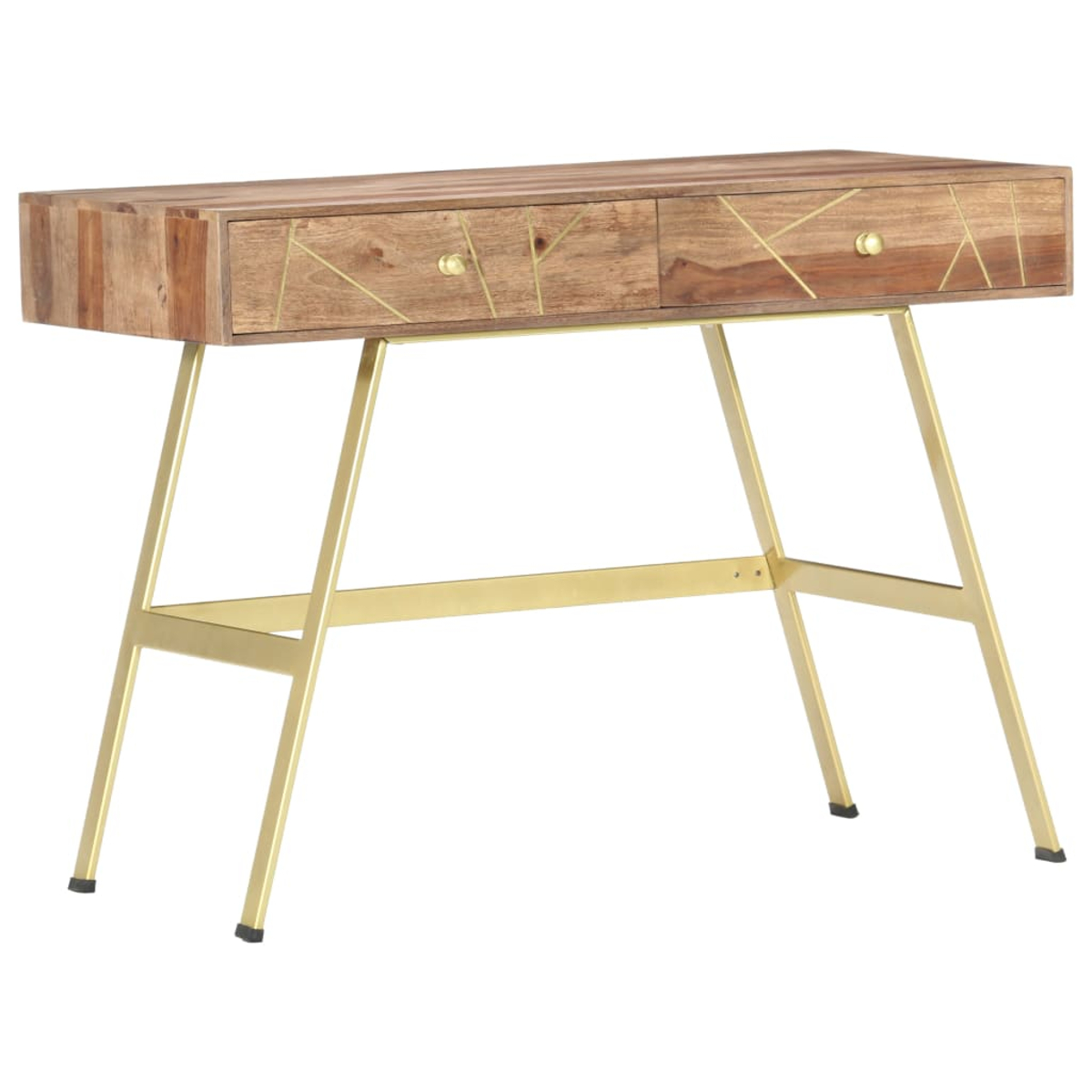 Ein Holzschreibtisch mit zwei Schubladen und goldenen Akzenten. Er hat goldene Beine und steht auf weißem Hintergrund.