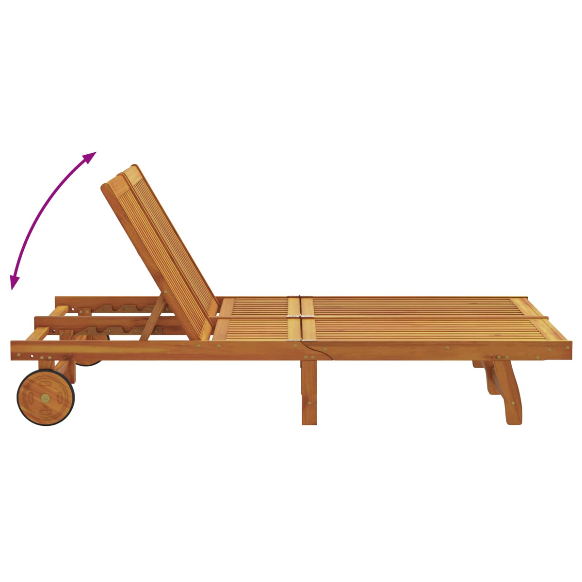 Sonnenliege aus Holz mit verstellbarer Rückenlehne, Rädern und Latten. Ein lila Pfeil zeigt die Bewegung der Rückenlehne.