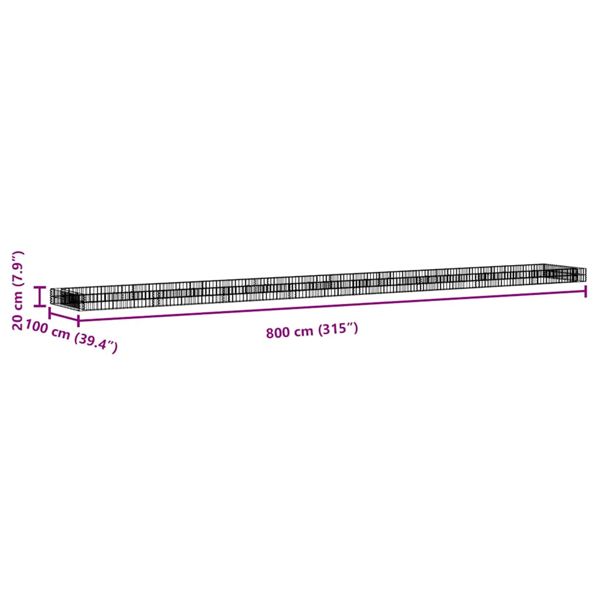 Ein langes, rechteckiges Objekt mit Abmessungen in cm und Zoll. Die Gesamtlänge des Objekts beträgt 800 cm.