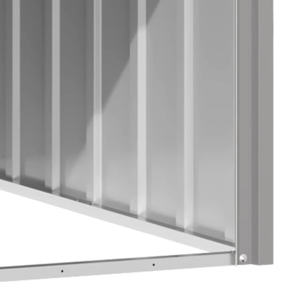 Nahaufnahme einer grauen Metallstruktur mit vertikalen Linien und einem horizontalen Balken unten. Der Hintergrund ist weiß.