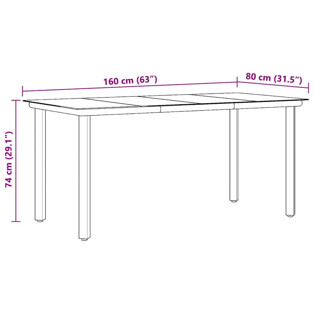Ein rechteckiger Tisch mit den Maßen 160 cm (63") lang, 80 cm (31,5") breit und 74 cm (29,1") hoch wird gezeigt.