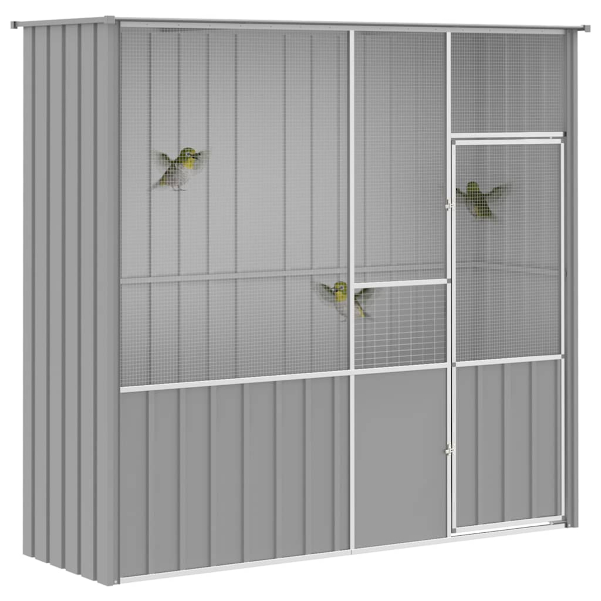 Ein grauer Vogelkäfig mit mehreren Fächern. Mehrere gelbe Vögel fliegen darin. Der Käfig hat einen Metallrahmen und ein Gitter.