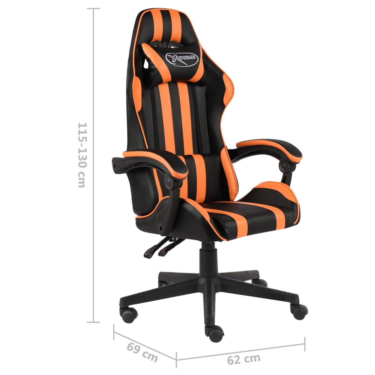Gaming-Stuhl in Schwarz und Orange. Er hat Armlehnen und eine Kopfstütze. Abmessungen: 115-130 cm Höhe, 69 cm Breite, 62 cm Tiefe.