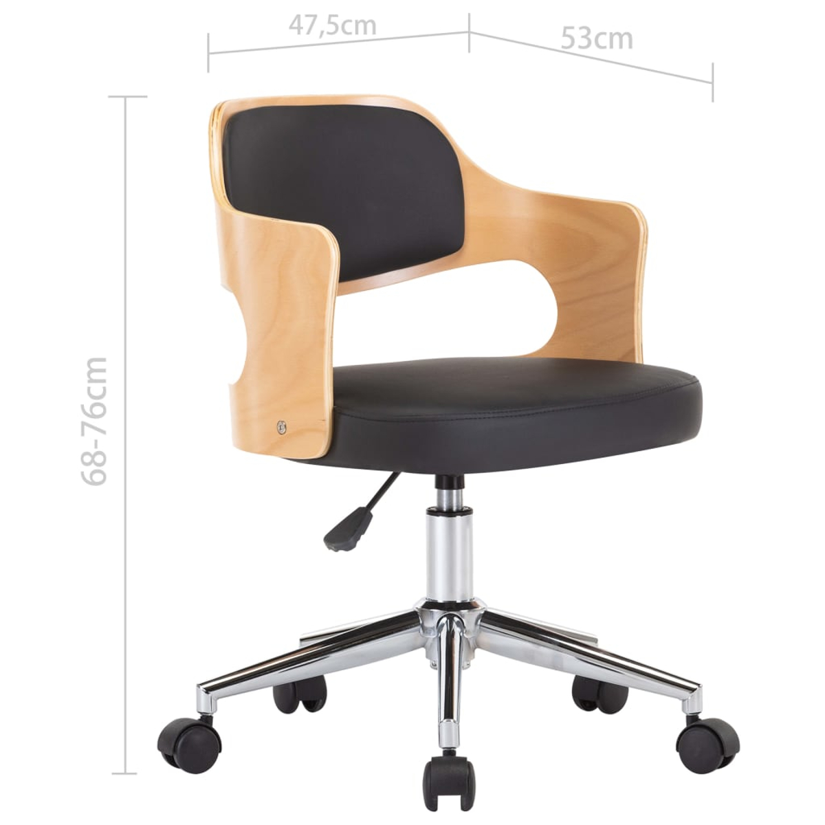 Ein Bürostuhl mit schwarzem Sitz und Rücken, Holzarmlehnen und einem verchromten Untergestell mit Rollen. Abmessungen sind angegeben.
