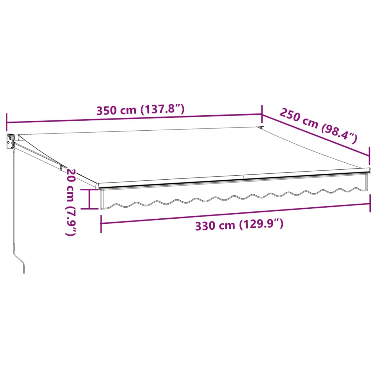 Una tenda da sole bianca e grigia con etichette dimensionali: 350cm, 250cm, 20cm e 330cm. È su sfondo bianco.
