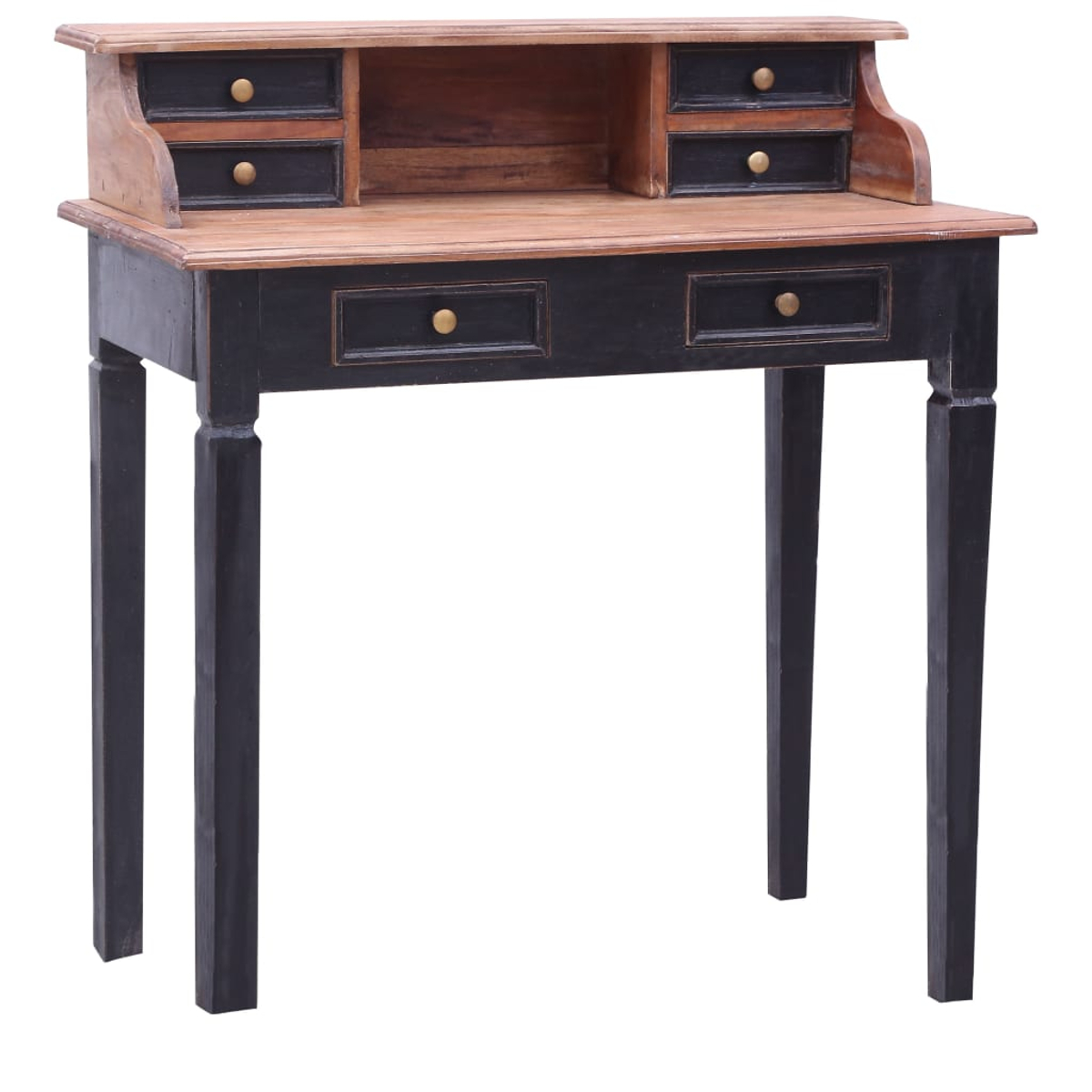 Ein kleiner Holzschreibtisch mit schwarzen Beinen und Schubladen. Der Schreibtisch hat eine hellbraune Oberseite und ein kleines Regal mit Schubladen.