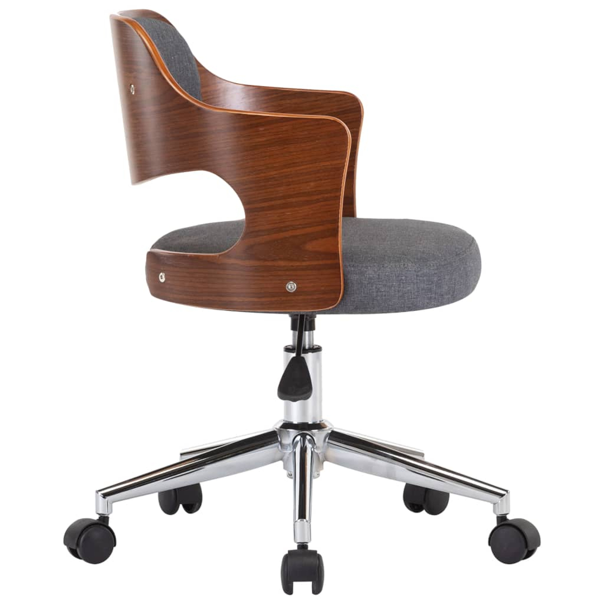 Ein moderner Bürostuhl mit Holzrücken und Armlehnen, einem grauen Sitz und einem verchromten Untergestell mit Rollen.