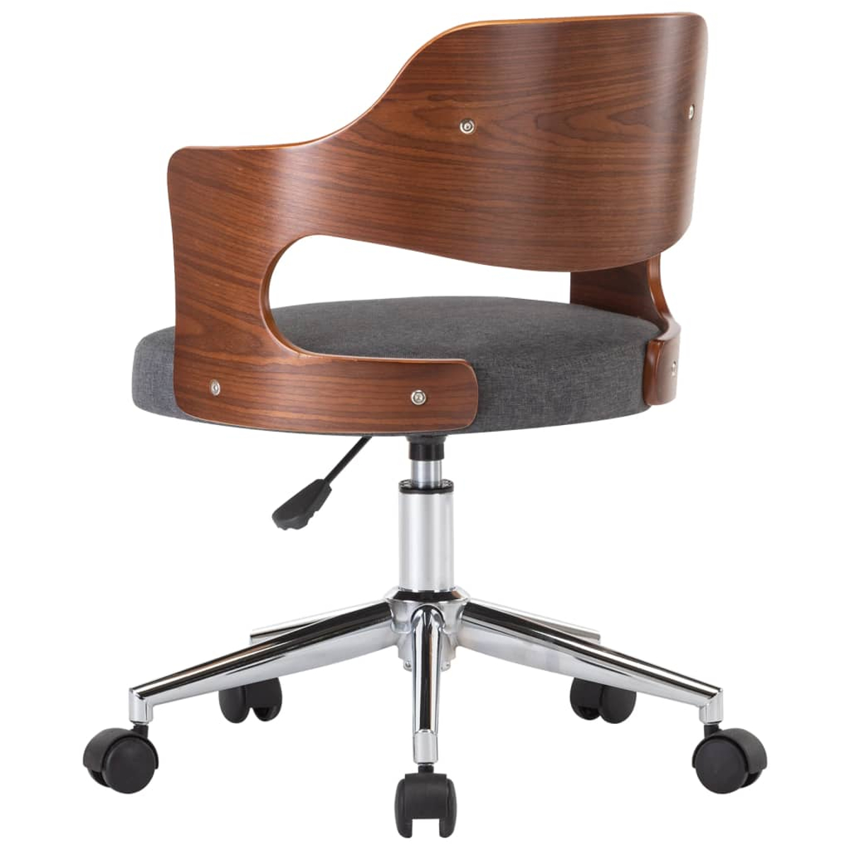 Ein moderner Bürostuhl. Er hat eine geschwungene Holzlehne und Armlehnen. Der Sitz ist grau. Er hat ein Chromgestell und schwarze Rollen.