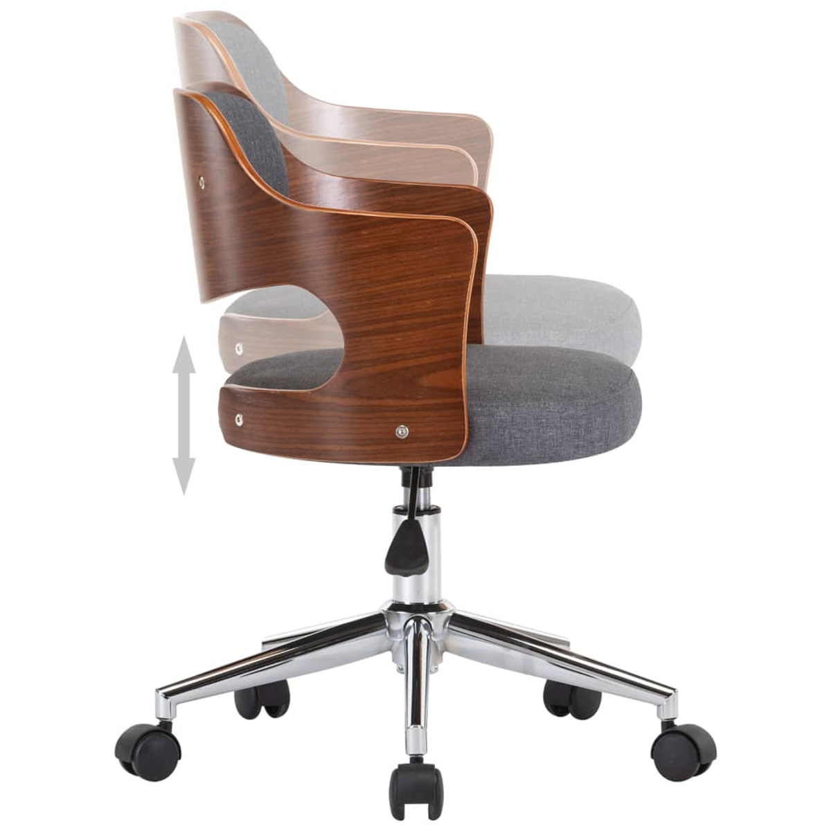 Bürostuhl mit Holzrücken und Armlehnen, grauem Sitz und Chromgestell. Ein Pfeil zeigt die Höhenverstellung an.