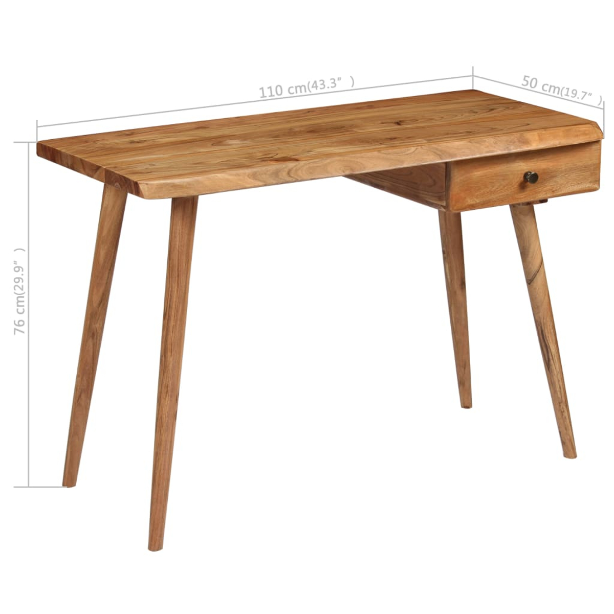 Ein Holzschreibtisch mit vier angewinkelten Beinen, einer Schublade und einer hellbraunen Oberfläche. Abmessungen sind angegeben.