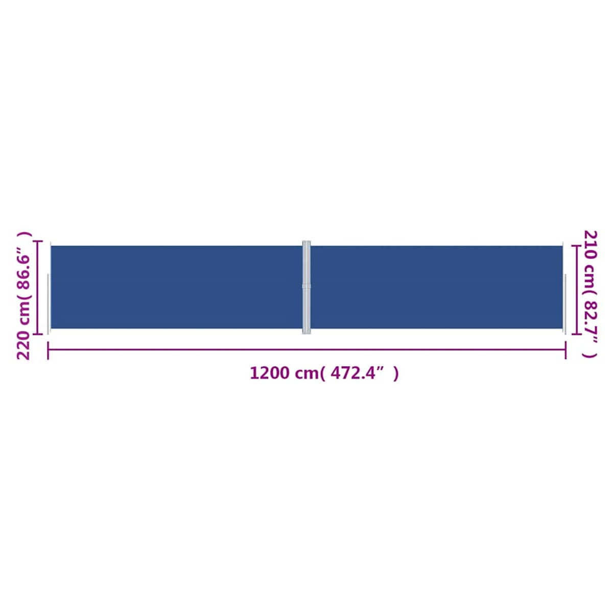 Draufsicht auf ein blaues Rechteck mit Maßen. Es hat die Maße: 220 cm, 1200 cm und 210 cm. Ein weißer Balken teilt das Rechteck.