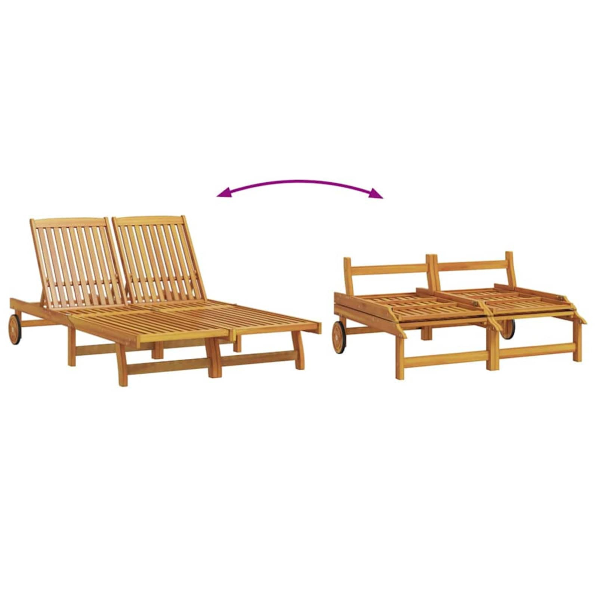 Zwei Holz-Liegestühle mit Klappfunktion, mit Pfeil, der die Faltaktion anzeigt. Räder sind an beiden Stühlen sichtbar.