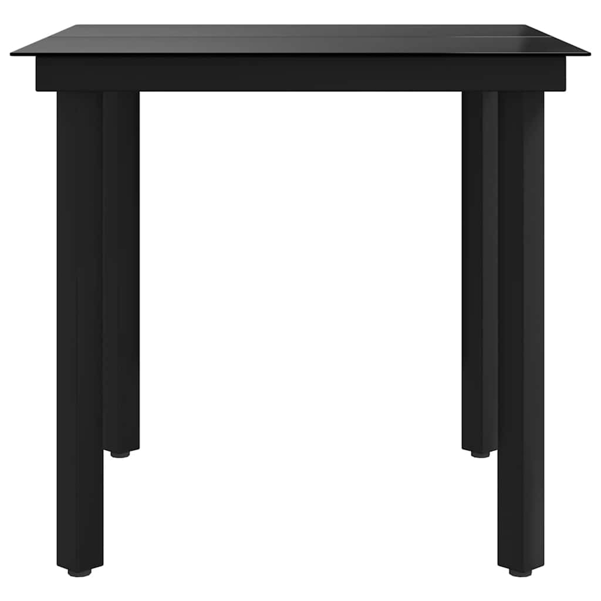 Ein quadratischer schwarzer Tisch mit vier schwarzen Beinen. Die Tischplatte ist ebenfalls schwarz und scheint aus Glas zu sein.