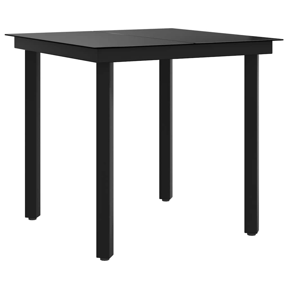 Ein quadratischer schwarzer Tisch mit vier schwarzen Beinen. Die Tischplatte ist ebenfalls schwarz. Der Hintergrund ist weiß.