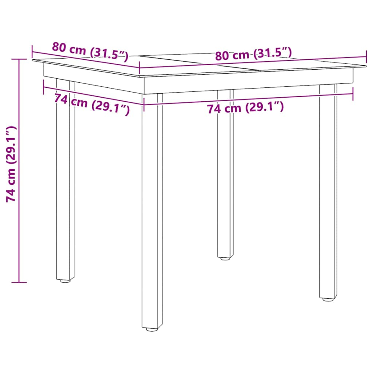Ein weißer Tisch mit vier Beinen. Maße sind beschriftet: 80 cm, 74 cm. Die Abmessungen des Tisches sind auch in Zoll angegeben.