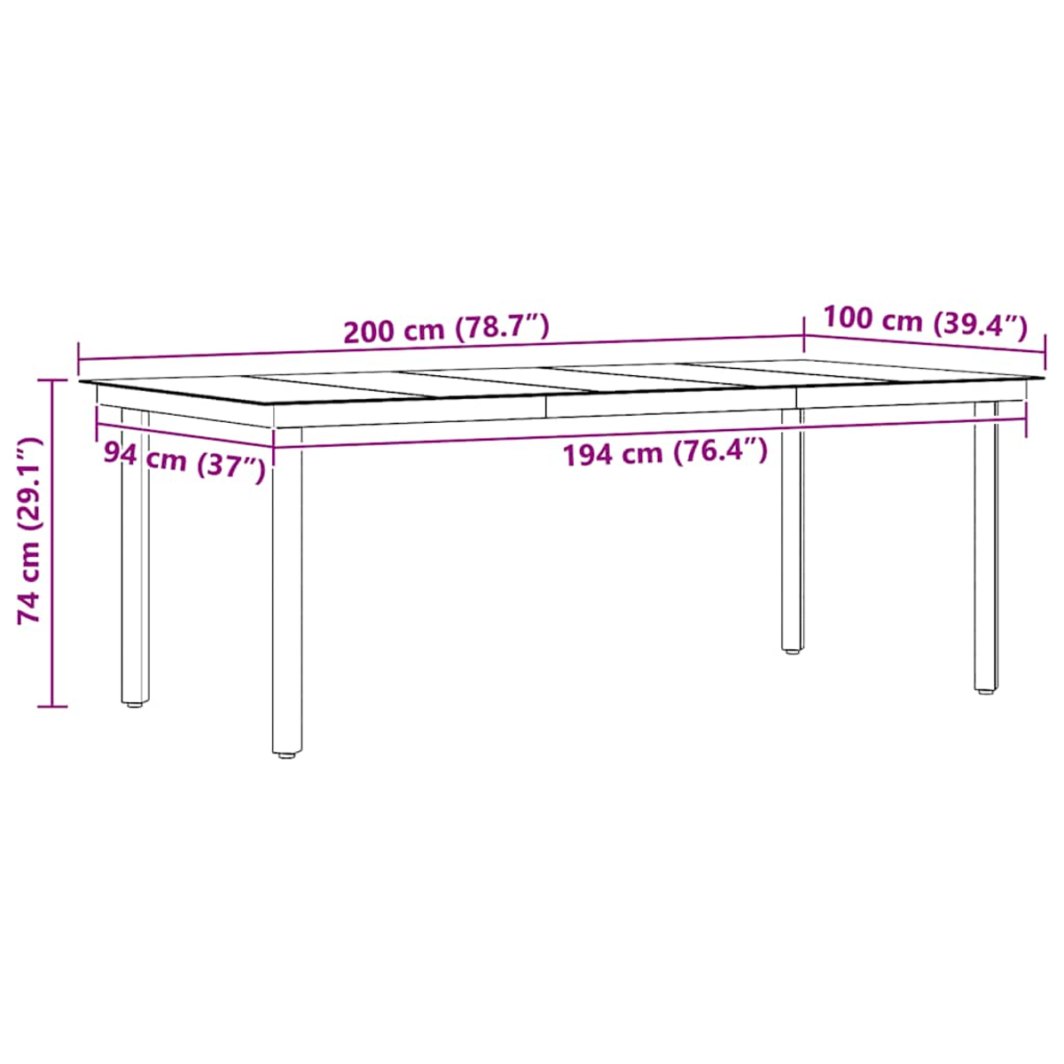 Diagramm eines rechteckigen Tisches mit Abmessungen in cm und Zoll. 200 cm lang, 100 cm breit und 74 cm hoch.