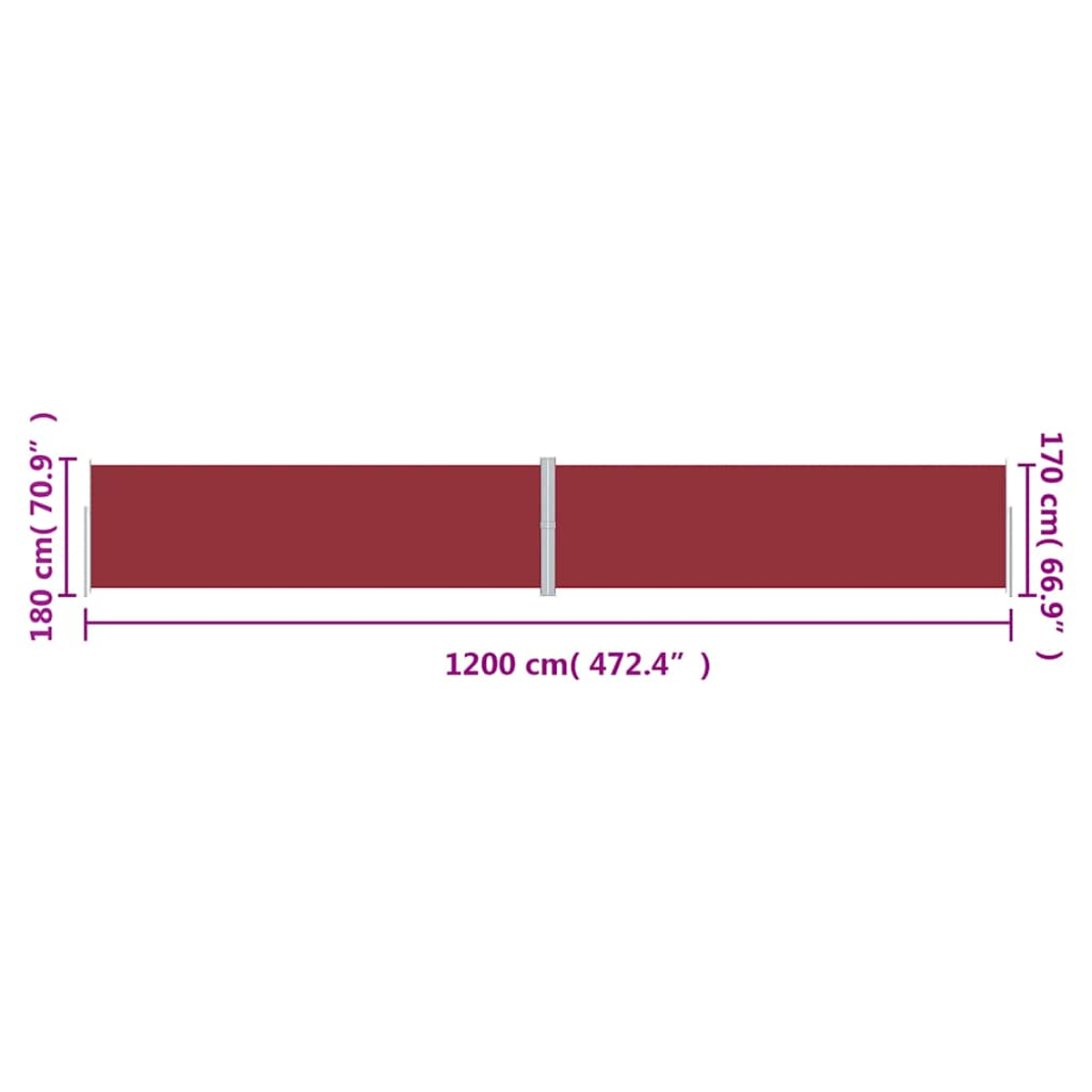 Eine rote rechteckige Oberfläche mit beschrifteten Abmessungen. Die Länge beträgt 1200 cm, die Breite 180 cm und 170 cm. Metallstütze in der Mitte.