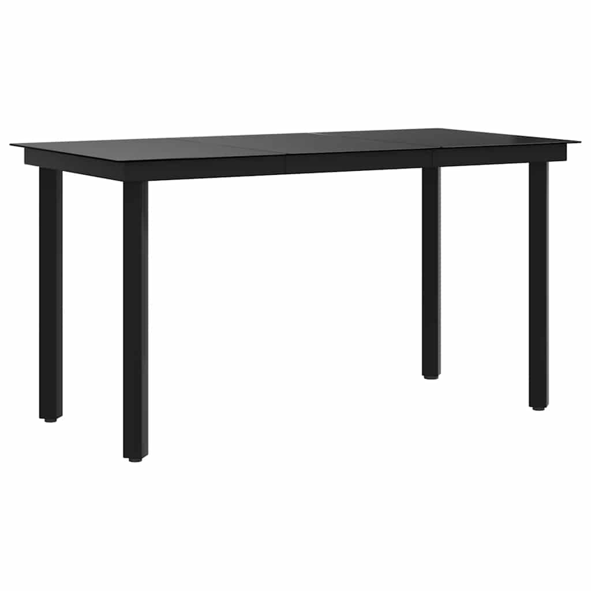 Ein rechteckiger schwarzer Tisch mit vier schwarzen Beinen. Der Tisch ist leer und vor einem weißen Hintergrund platziert.
