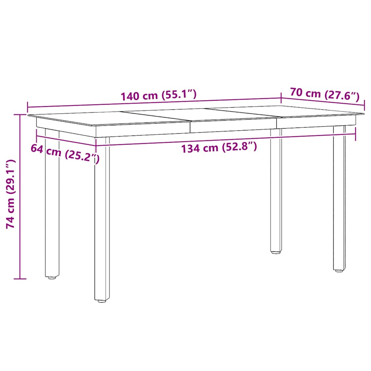 Diagramm eines rechteckigen Tisches mit Abmessungen in Zentimetern und Zoll beschriftet: 140cm x 70cm, Höhe 74cm und 134cm.
