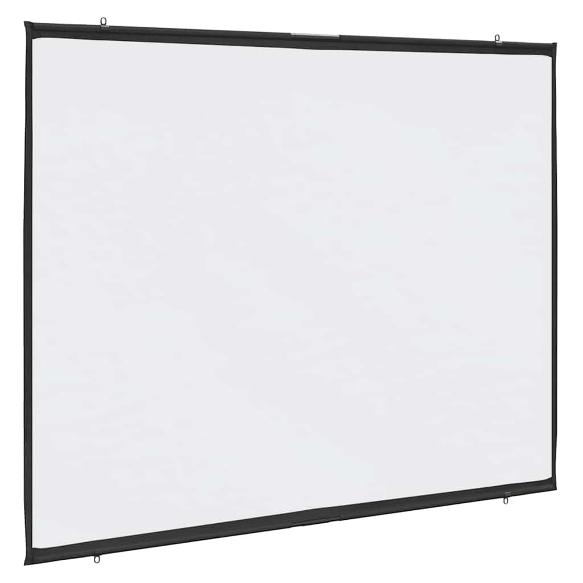 Eine weiße Projektorleinwand mit schwarzen Rändern und einer schwarzen oberen Leiste, vor weißem Hintergrund hängend.