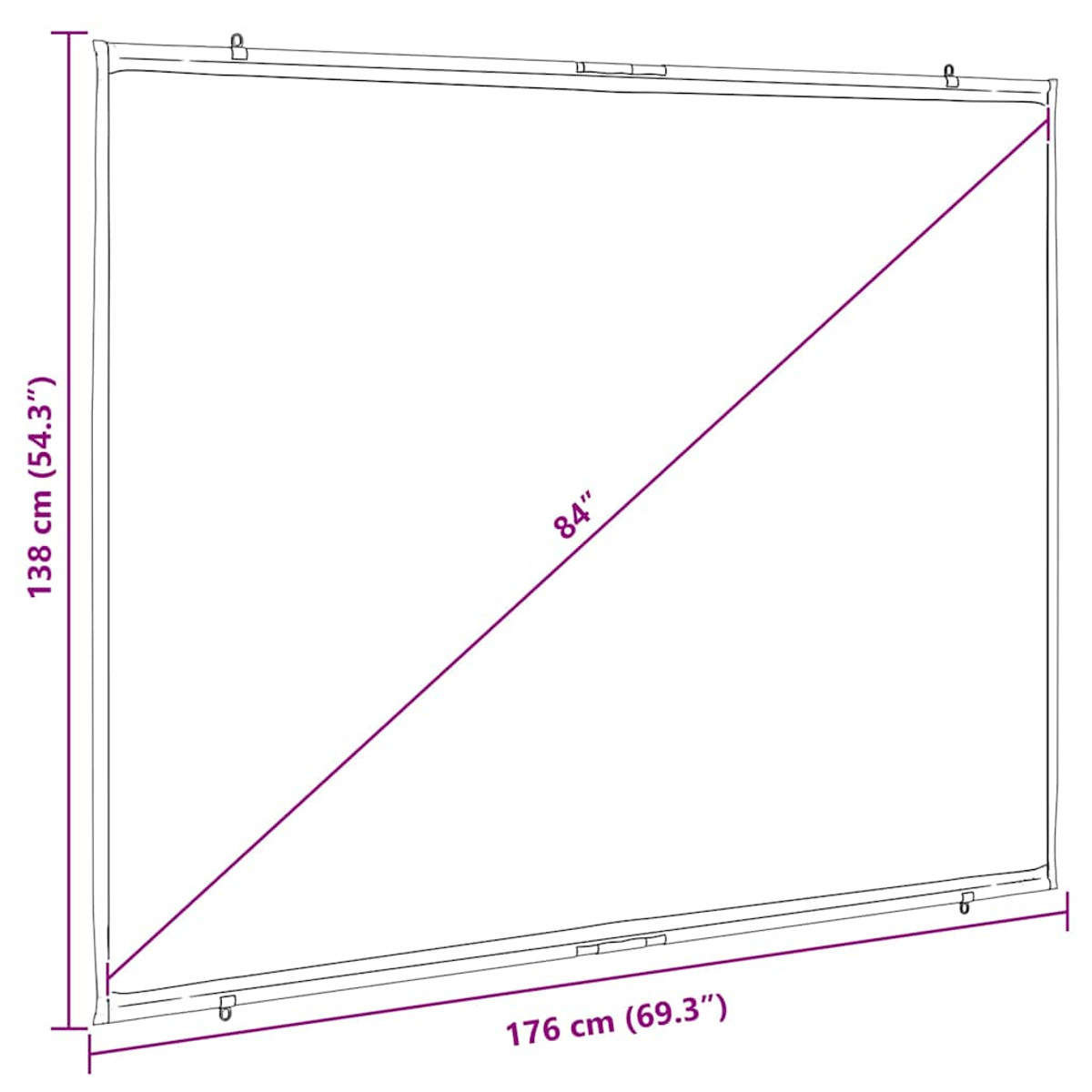 Ein weißer Bildschirm mit einer diagonalen violetten Linie mit der Bezeichnung 84". Abmessungen: 138 cm hoch, 176 cm breit. Rahmen enthalten.