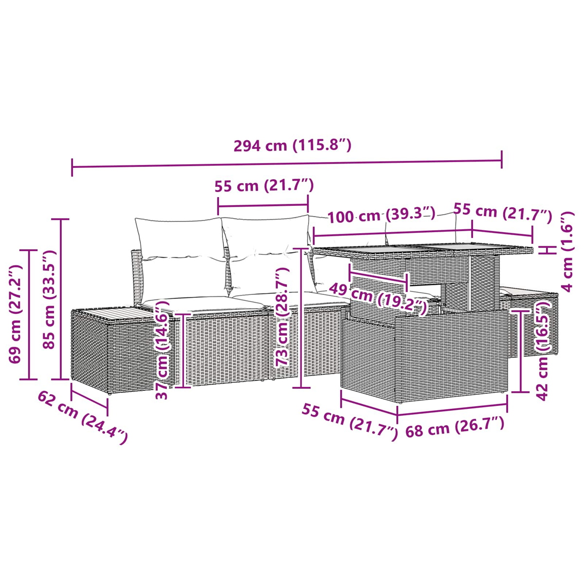 Gartenmöbelset mit Maßen. Enthält ein Sofa, einen Tisch und eine Bank, alle mit Maßen in cm und Zoll.