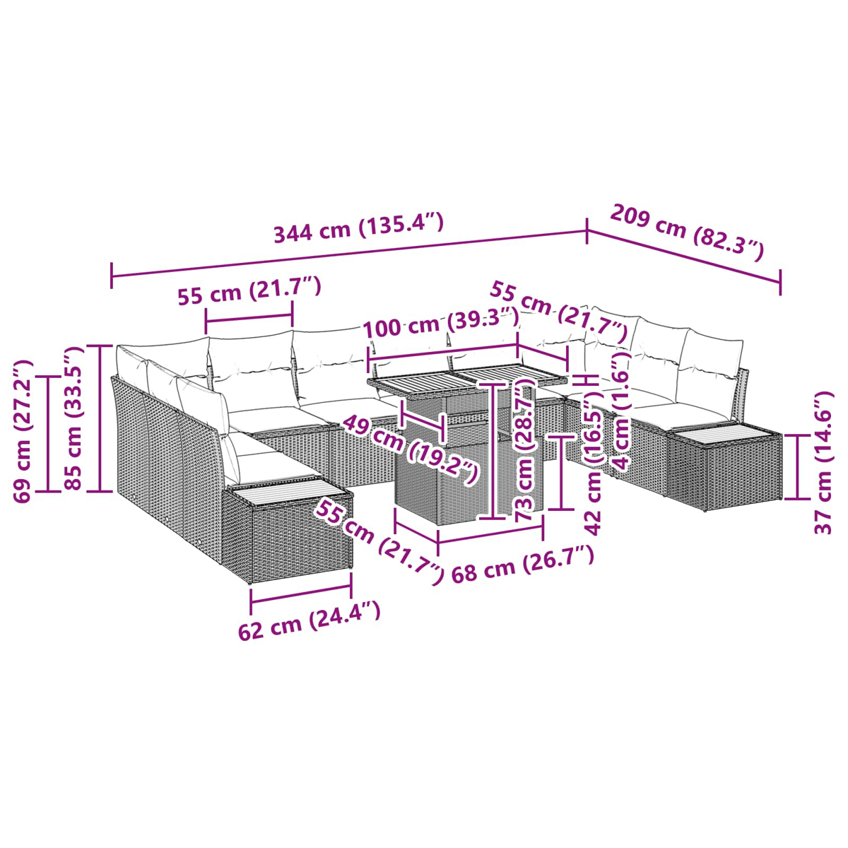 Outdoor-Ecksofa-Set mit Maßangaben. Enthält einen Tisch und zwei Sitzbereiche mit Kissen.
