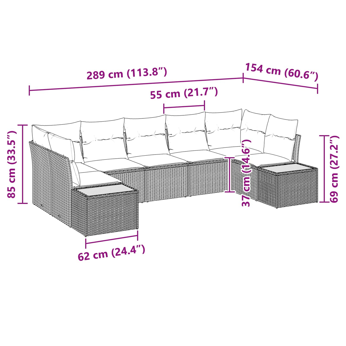 Diagramm eines Korbsesselsofas mit Abmessungen in cm und Zoll. Inklusive Maße für Höhe, Breite und Tiefe.