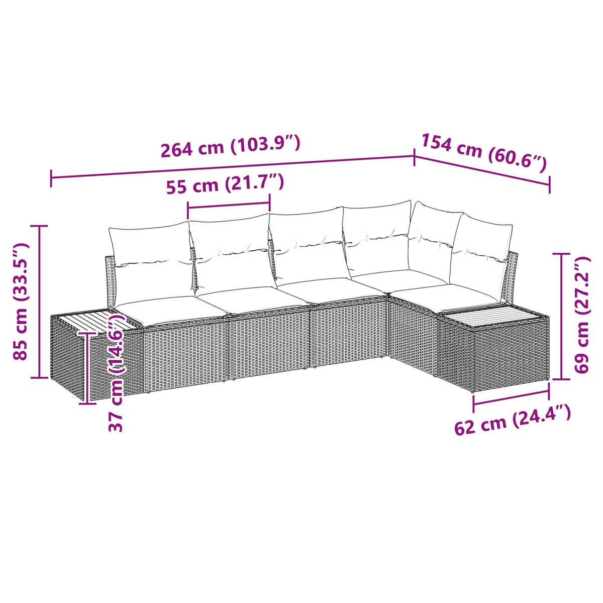 Ein L-förmiges Outdoor-Sofa mit beschrifteten Abmessungen. Kissen sind weiß. Das Sofa besteht aus gewebtem Material.