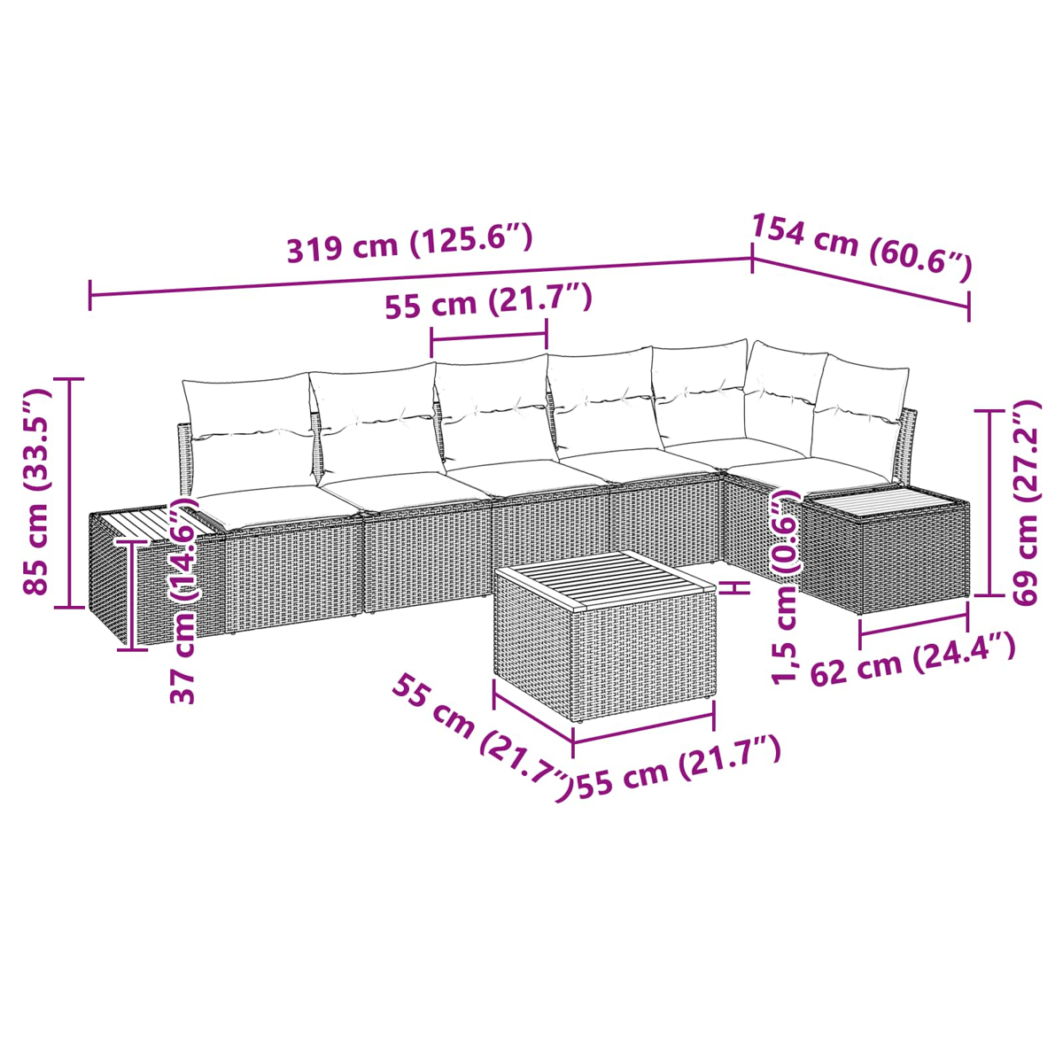 Diagramm eines Rattan-Ecksofas mit Maßen. Inklusive Couchtisch. Beige Kissen. Die Maße sind in cm und Zoll angegeben.