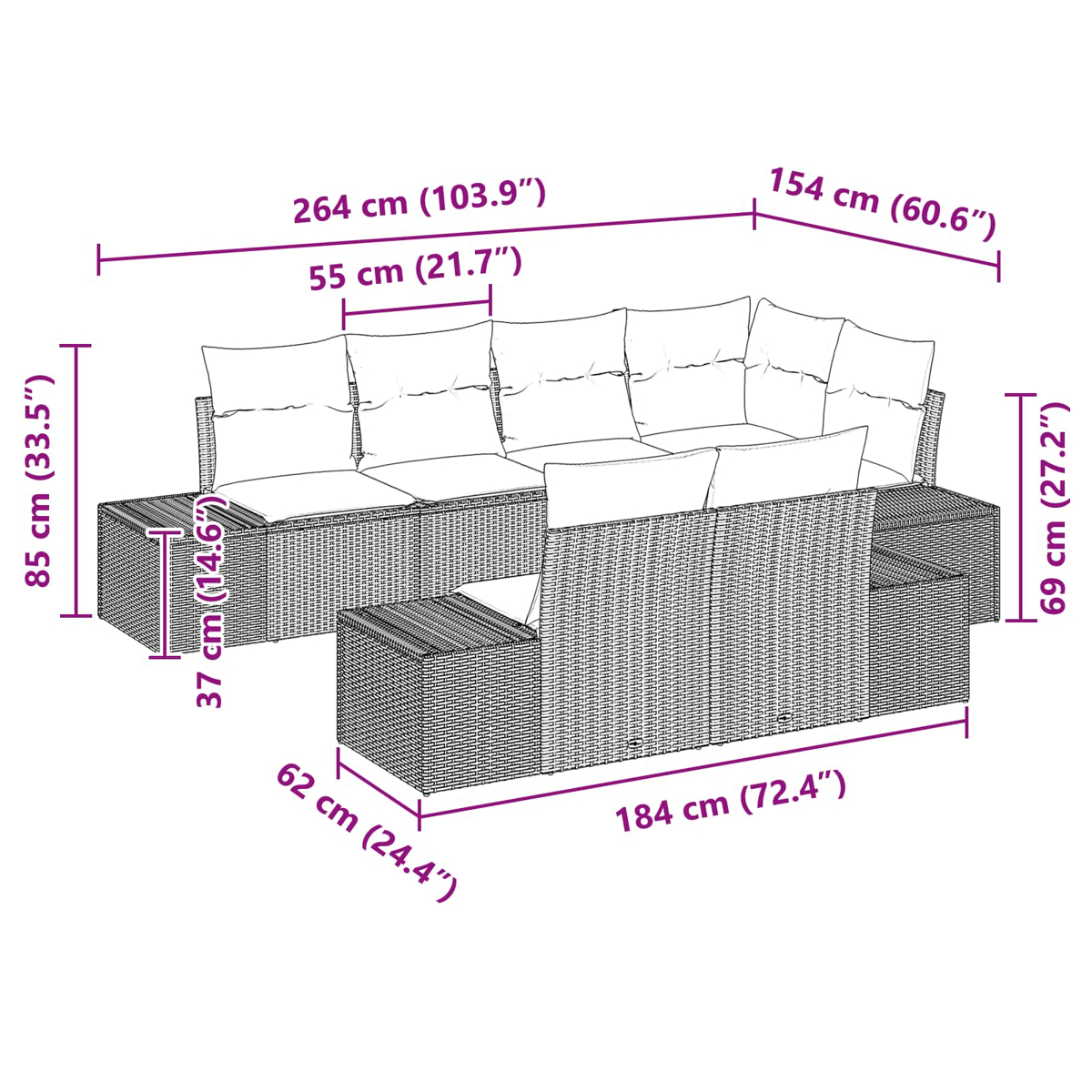 Diagramm eines Outdoor-Sofas aus Korbgeflecht mit Abmessungen in cm und Zoll. Maße umfassen Höhe, Breite und Länge.