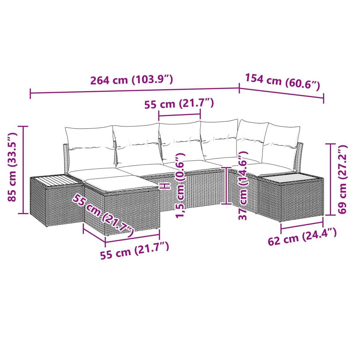 Diagramm eines Korbsesselsofas mit Abmessungen in cm und Zoll. Beinhaltet zwei Beistelltische und mehrere Kissen.