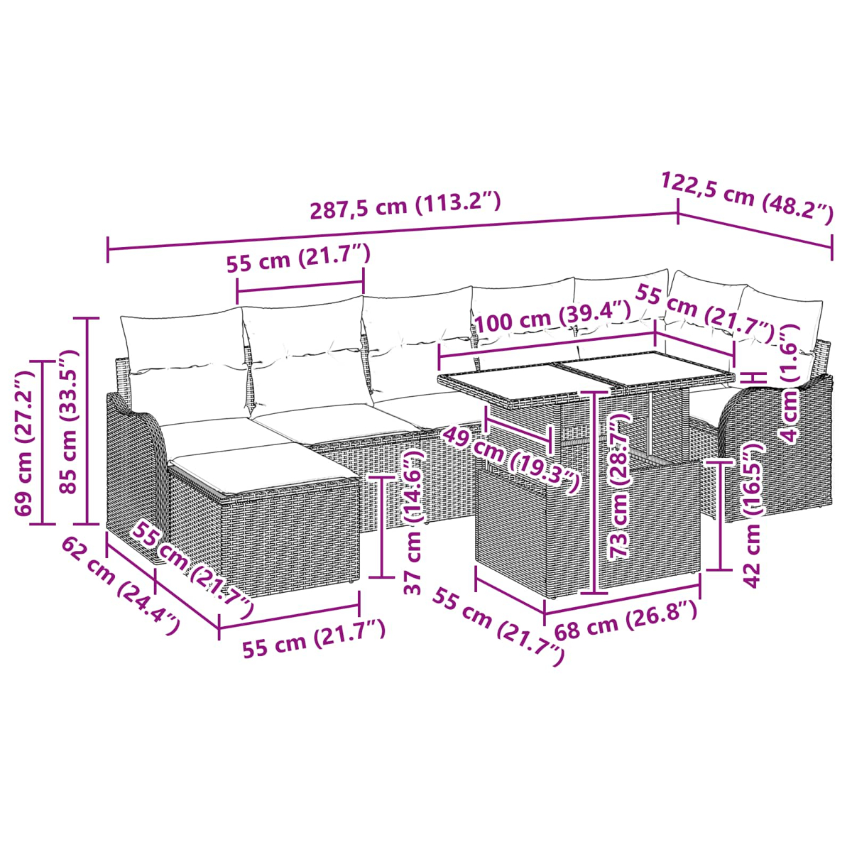 Diagramm eines Outdoor-Möbelsets mit Abmessungen in cm und Zoll. Beinhaltet ein Sofa, einen Tisch und Stühle. Weiße Kissen.