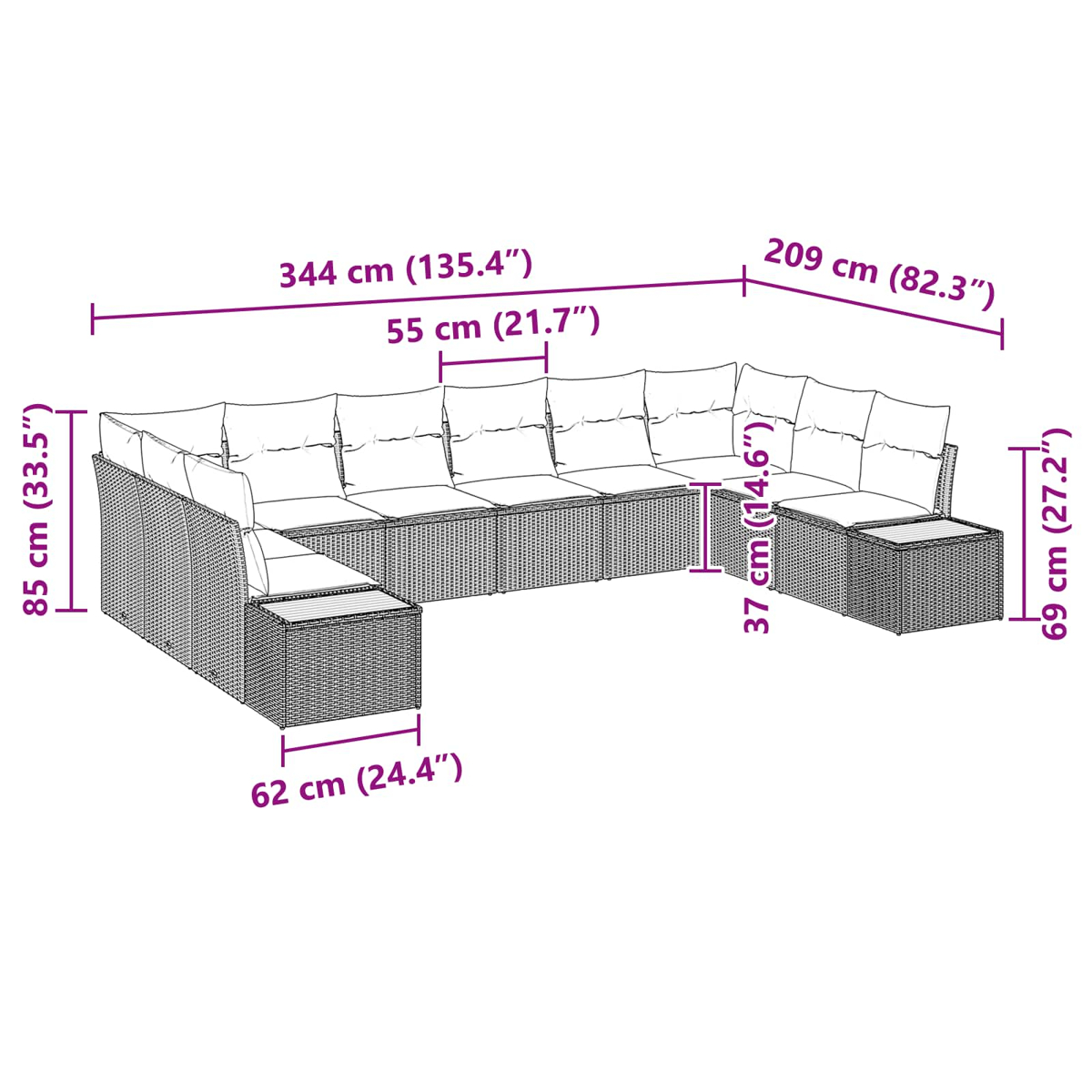 Diagramm eines Ecksofas mit Abmessungen in cm und Zoll. Es hat Kissen und einen gewebten Rahmen.