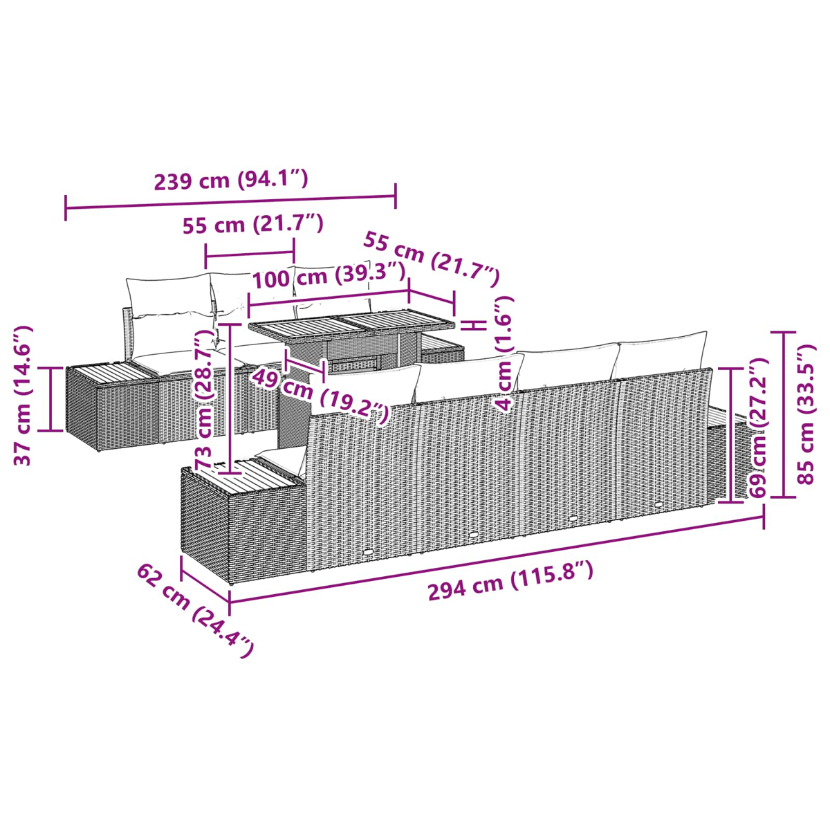 Ein Diagramm zeigt Gartenmöbel aus Korbgeflecht mit Maßen. Es gibt ein Sofa, zwei Stühle und einen Tisch, alle mit Maßen.