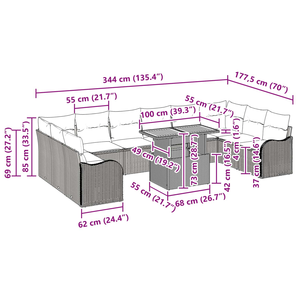 Outdoor-Ecksofa-Set mit Abmessungen und Maßen in Zentimetern und Zoll.