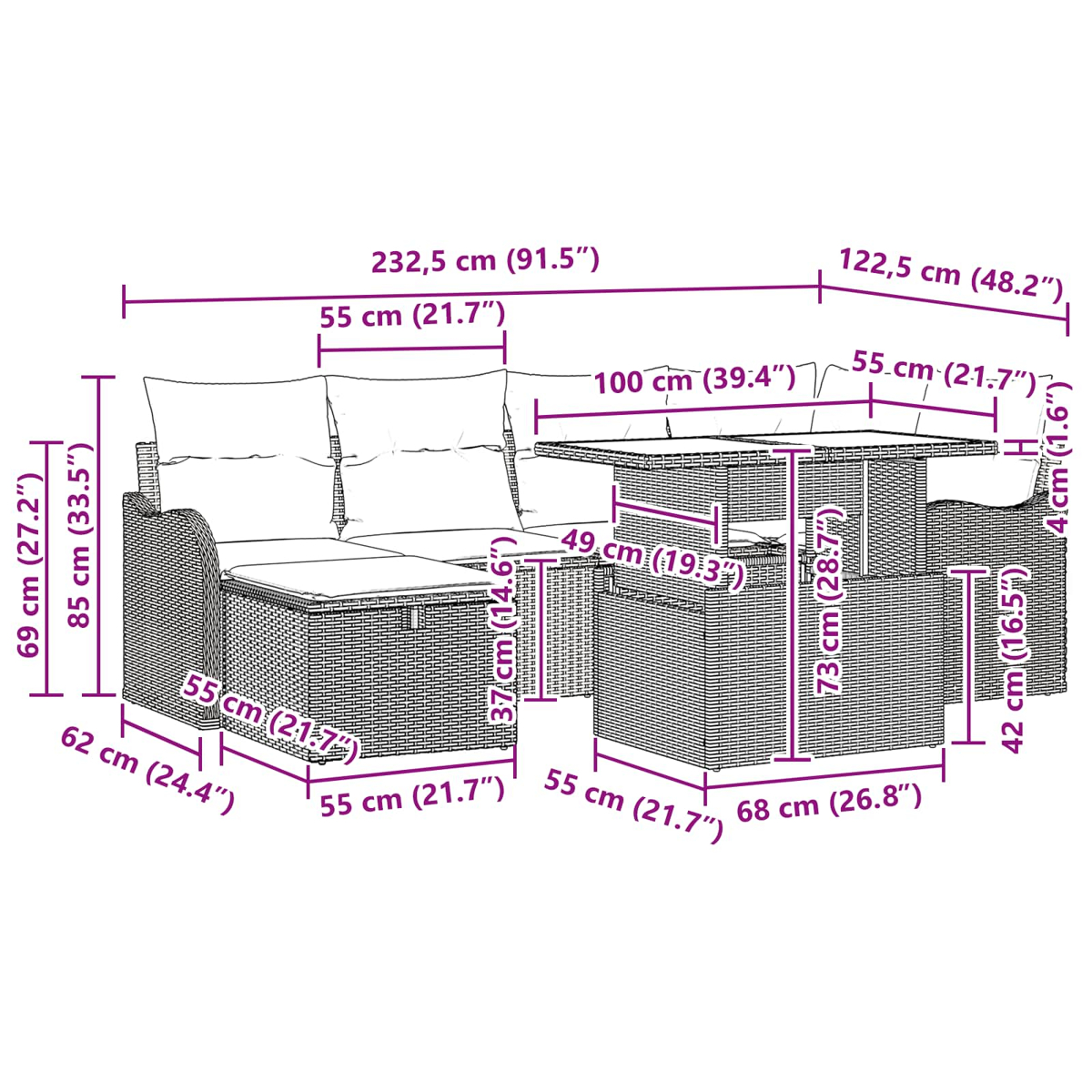 Diagramm eines Outdoor-Möbelsets mit Abmessungen in cm und Zoll. Beinhaltet Sofa, Tisch und Stuhl.