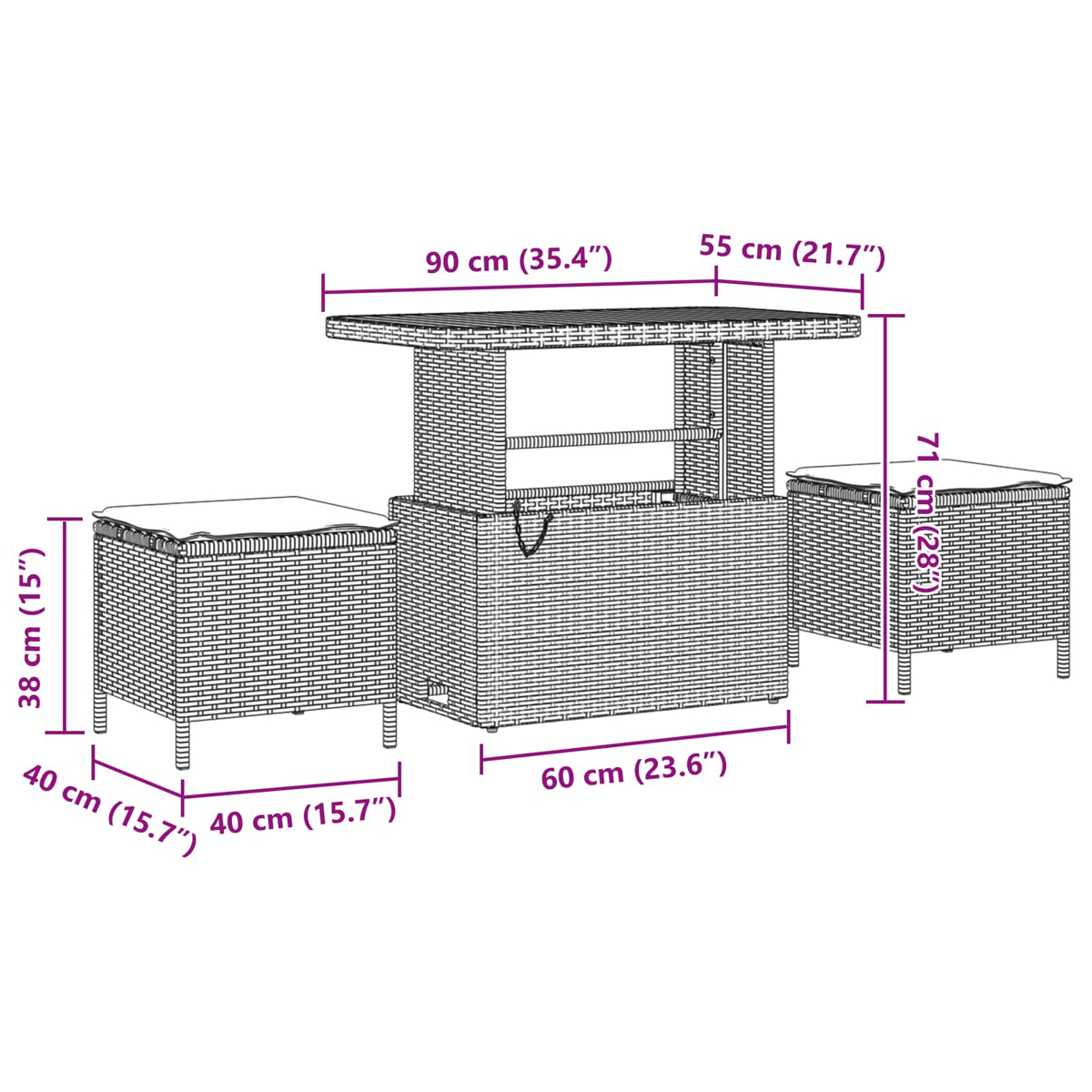 Un set di mobili da esterno in rattan con tavolo e due sgabelli, con dimensioni.