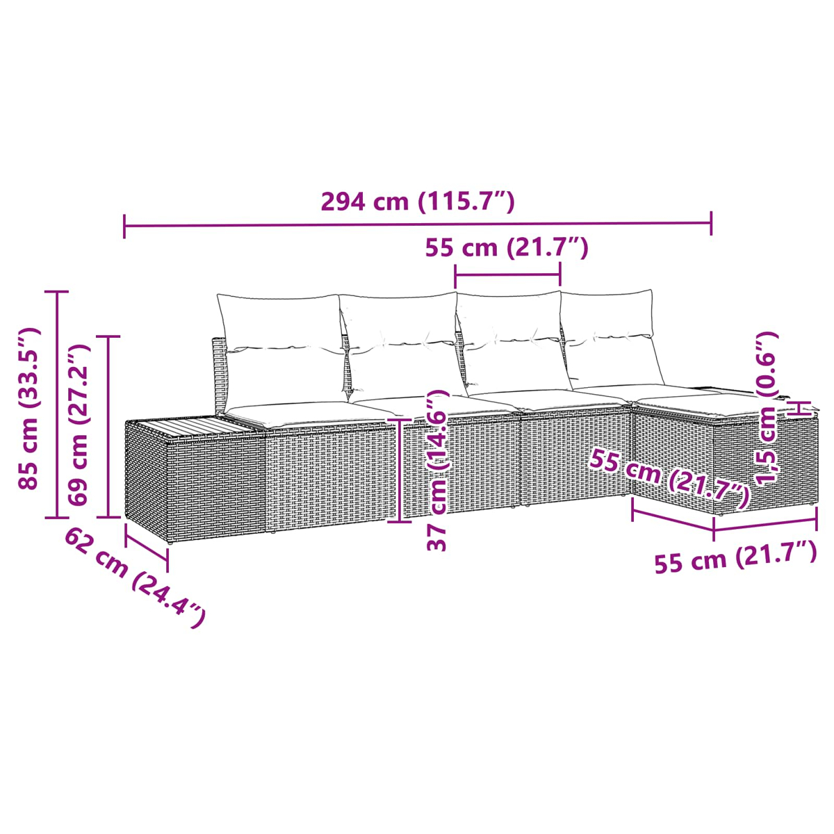 Ein Sofa aus geflochtenem Rattan mit weißen Kissen. Maße sind in cm und Zoll angegeben. Das Sofa steht vor weißem Hintergrund.