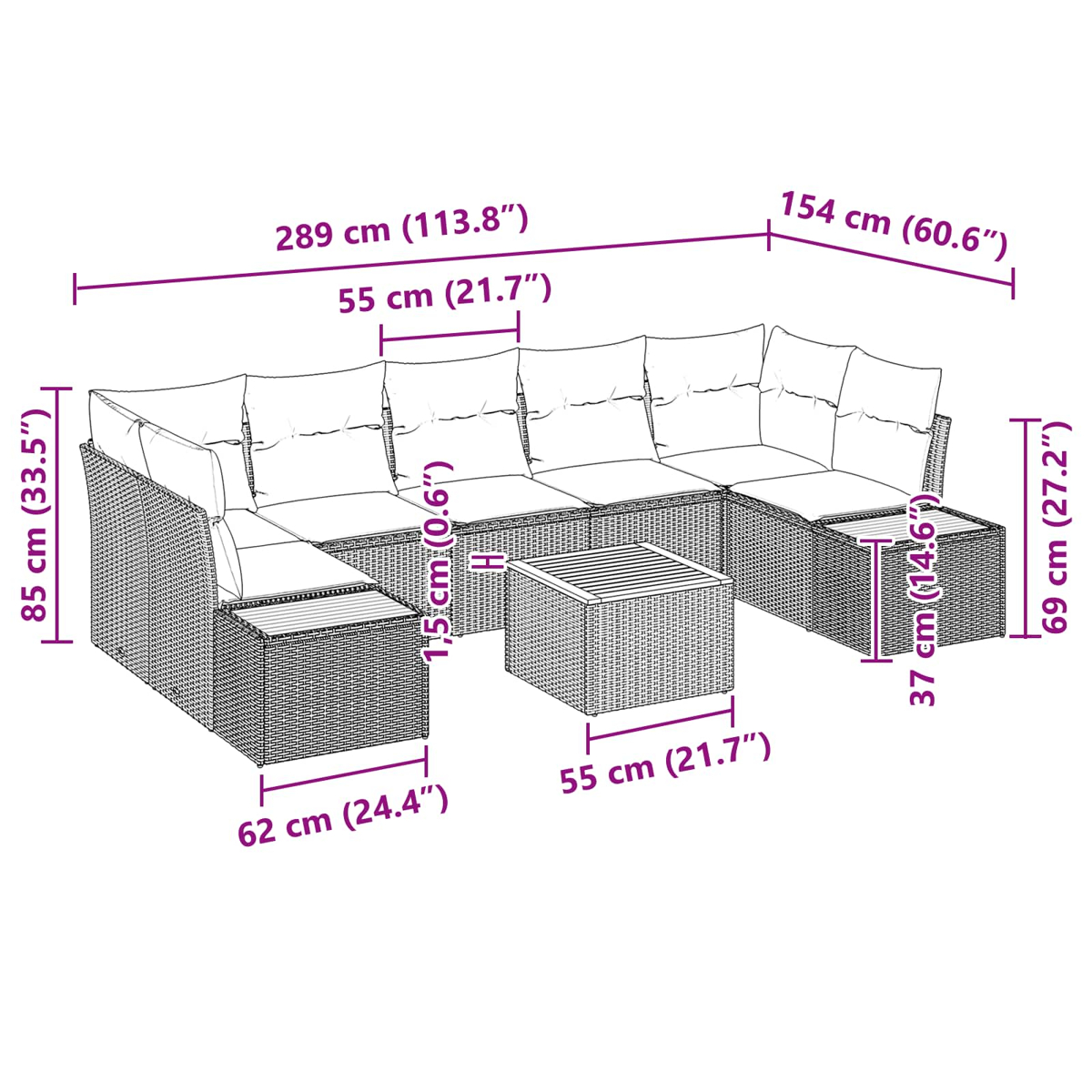 Ein Ecksofa und ein quadratischer Tisch werden mit Maßen in cm und Zoll gezeigt.
