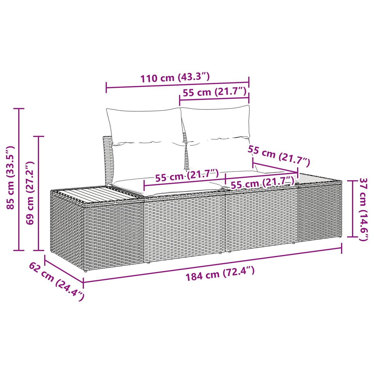 Ein Outdoor-Sofa aus Korbgeflecht mit Kissen, Maße in Zentimetern und Zoll angegeben. Maße umfassen Höhe, Breite und Tiefe.
