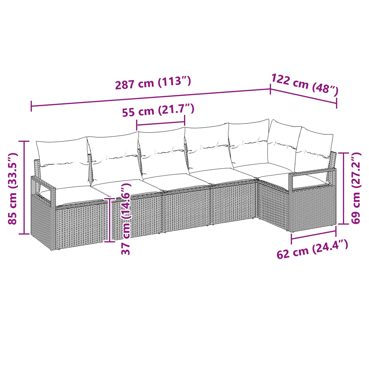 Ein Ecksofa mit Maßangaben. Es ist im Korbstil mit weißen Kissen und L-Form.