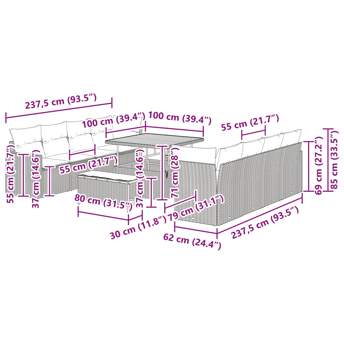 Diagramm eines Outdoor-Möbelsets mit Maßen in cm und Zoll. Beinhaltet Sofas, Tisch und Bank.
